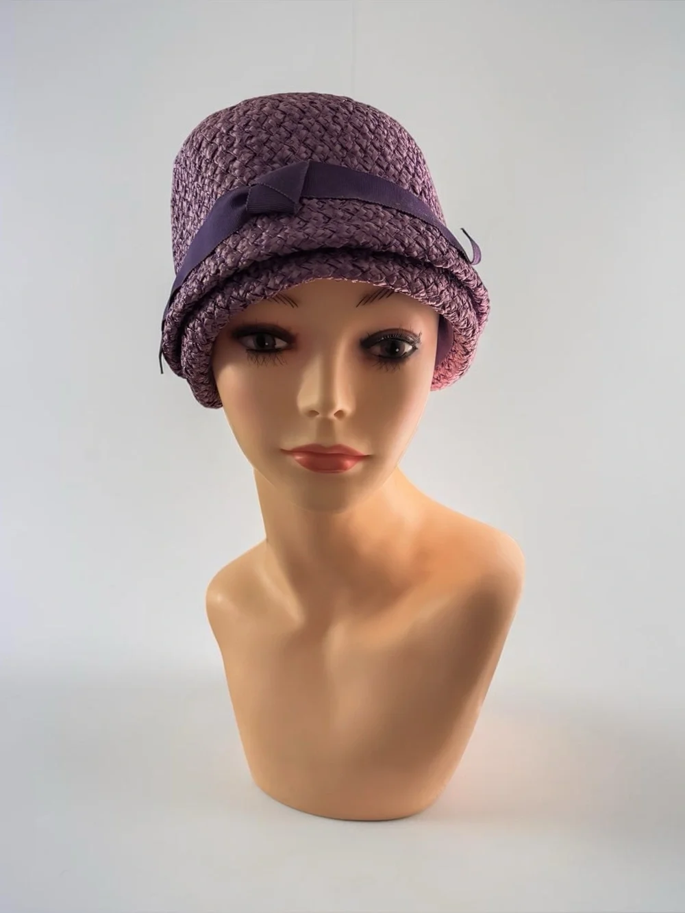 Vintage style cloche hat purple woven texture & a matching grosgrain ribbon bow
